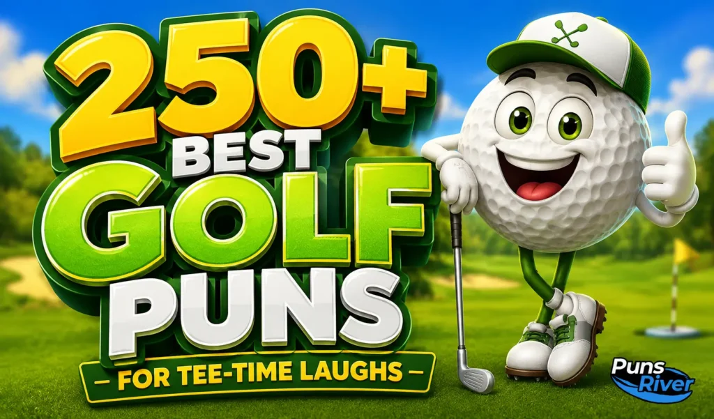 250+ best golf puns thumbnail with a cheerful golf ball mascot on a golf course