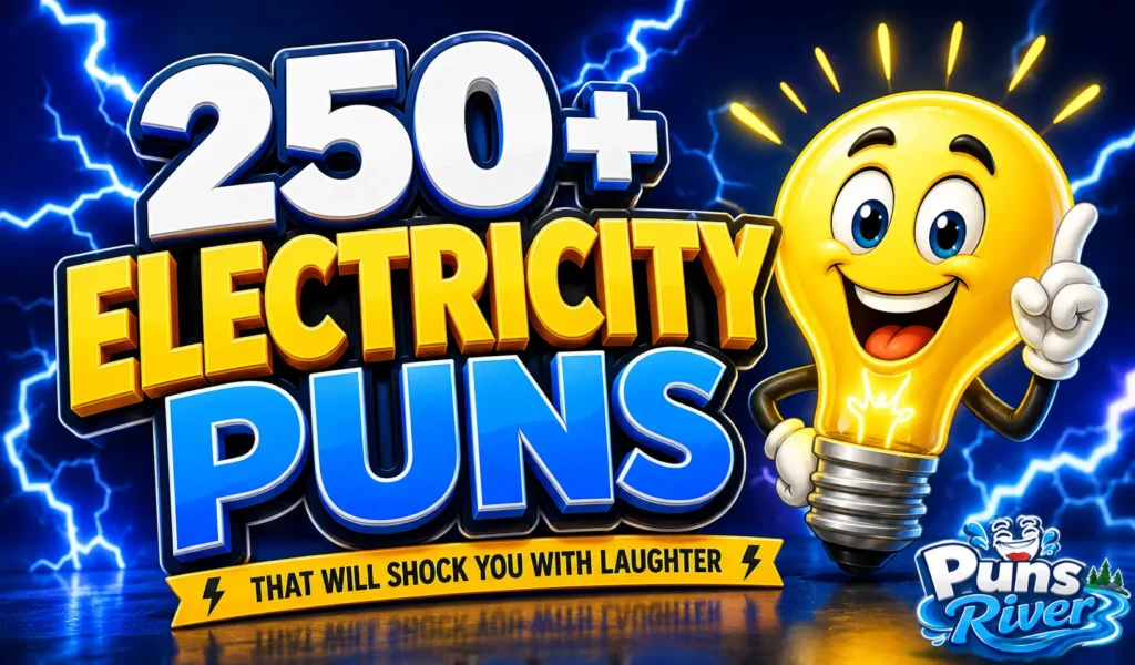 250+ electricity puns thumbnail with a cheerful lightbulb mascot and bold 3D text