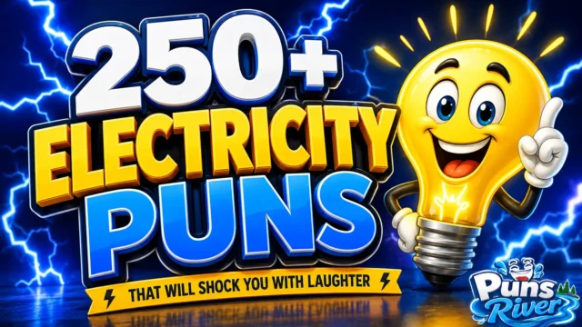 250+ electricity puns thumbnail with a cheerful lightbulb mascot and bold 3D text