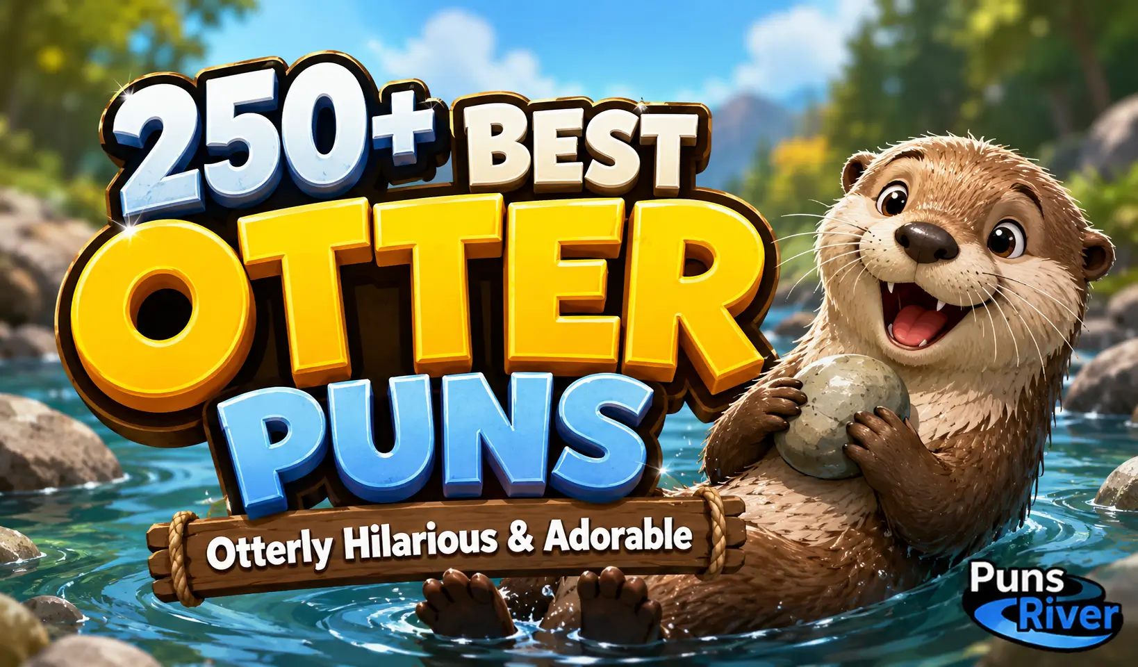 250+ otter puns thumbnail with a cute cartoon otter and bold 3D text