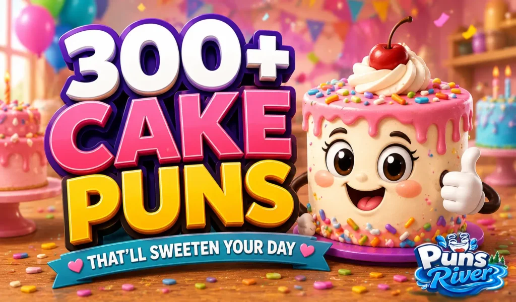 300+ cake puns thumbnail with a cheerful cartoon cake and bold 3D text