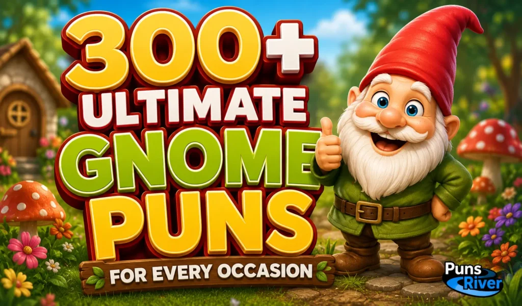 300+ gnome puns thumbnail with a cheerful garden gnome in a colorful mushroom garden