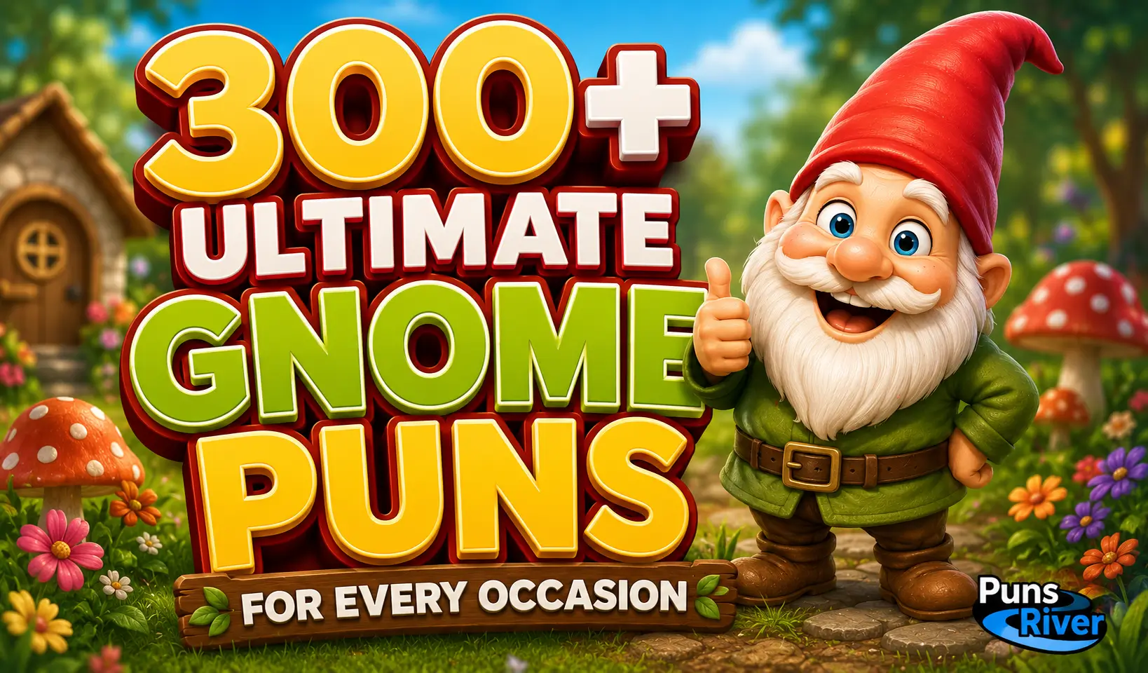 300+ gnome puns thumbnail with a cheerful garden gnome in a colorful mushroom garden