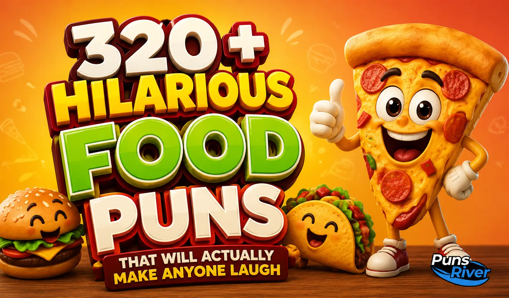 320+ food puns thumbnail with a cheerful pizza mascot, burger, and taco