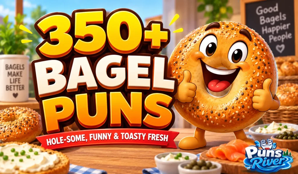 350+ bagel puns thumbnail with a cheerful cartoon bagel mascot and bold 3D text