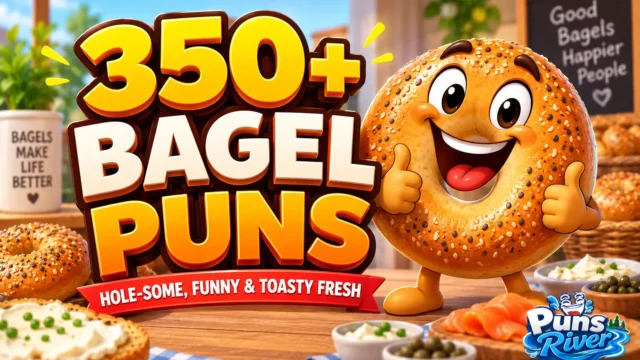 350+ bagel puns thumbnail with a cheerful cartoon bagel mascot and bold 3D text
