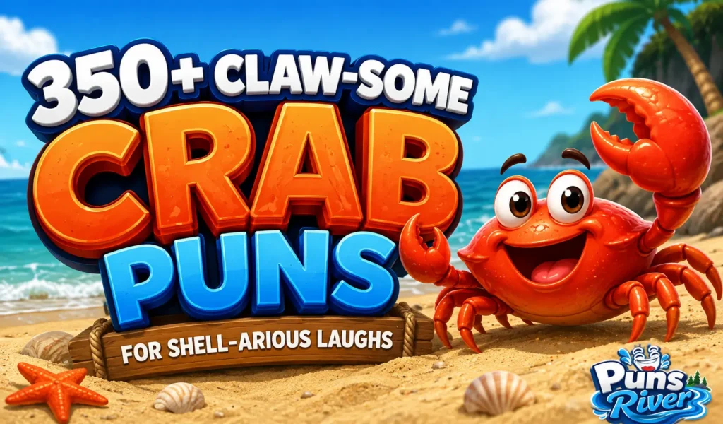 350+ crab puns thumbnail with a cheerful cartoon crab and bold 3D text