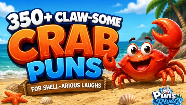 350+ crab puns thumbnail with a cheerful cartoon crab and bold 3D text