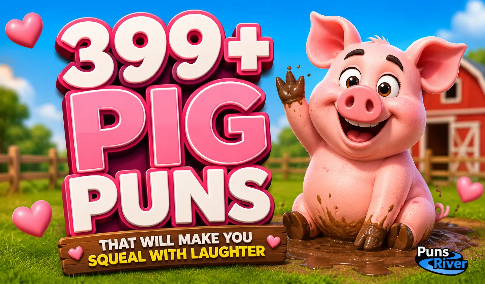 399+ pig puns thumbnail with a cheerful cartoon pig on a farm