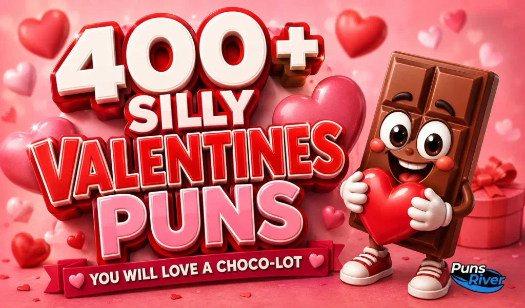400+ valentines puns thumbnail with a cheerful chocolate bar holding a heart