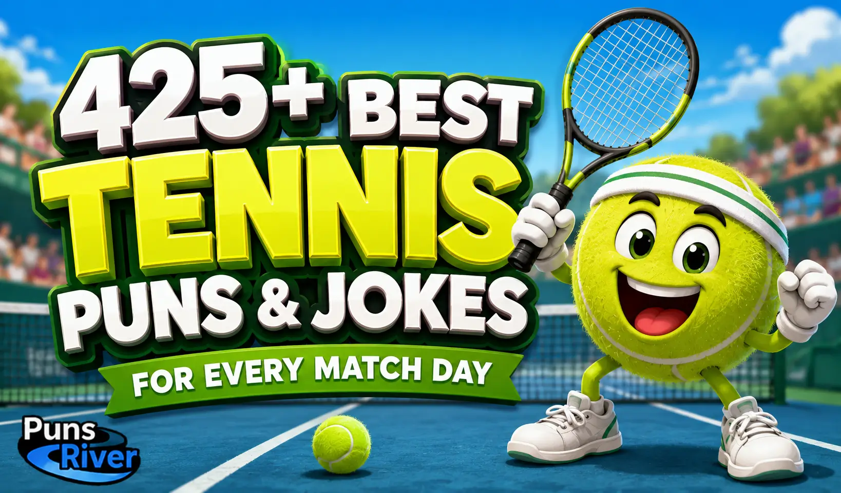 425+ tennis puns thumbnail with a cartoon tennis ball mascot and bold 3D text