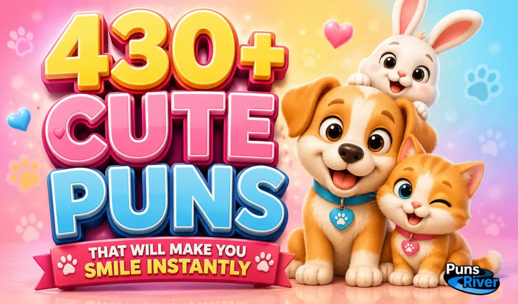 430+ cute puns thumbnail with adorable puppy, kitten, and bunny characters