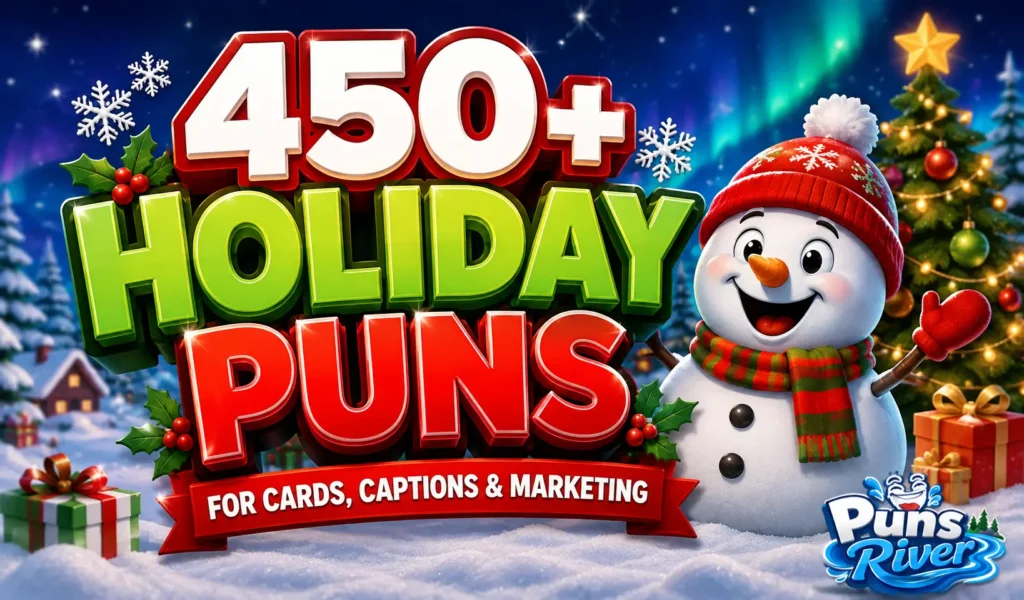 450+ holiday puns thumbnail with a cheerful snowman, Christmas tree, and bold 3D text