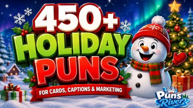 450+ holiday puns thumbnail with a cheerful snowman, Christmas tree, and bold 3D text