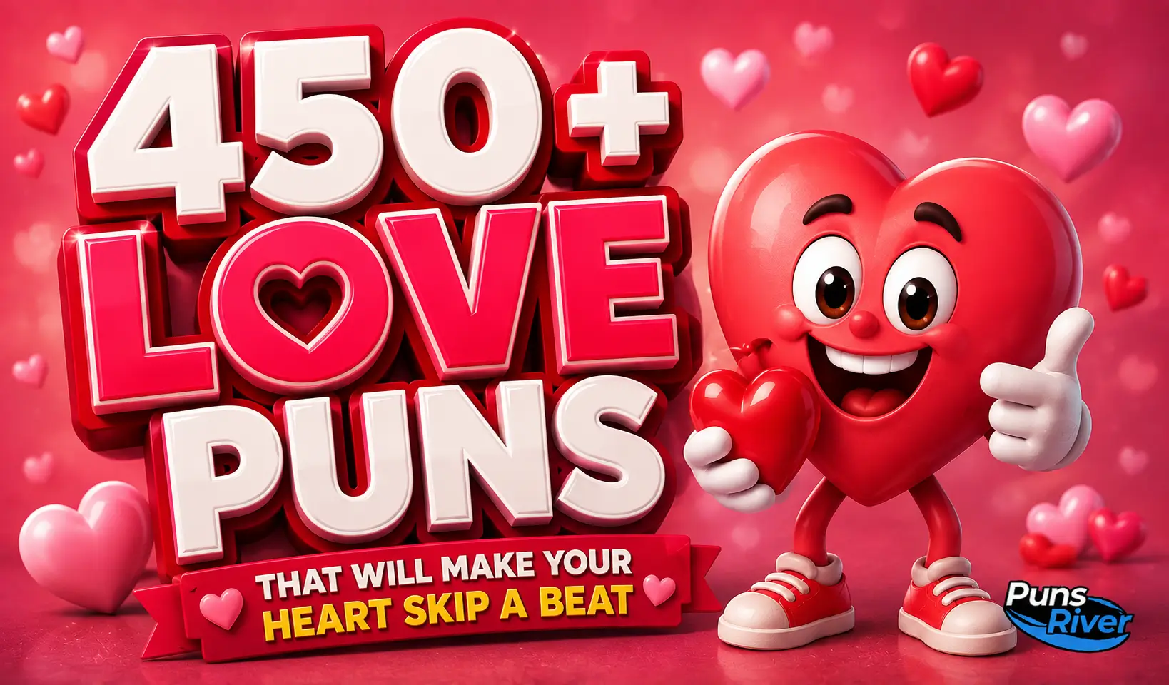450+ love puns thumbnail with a cheerful heart mascot and romantic Valentine-themed background