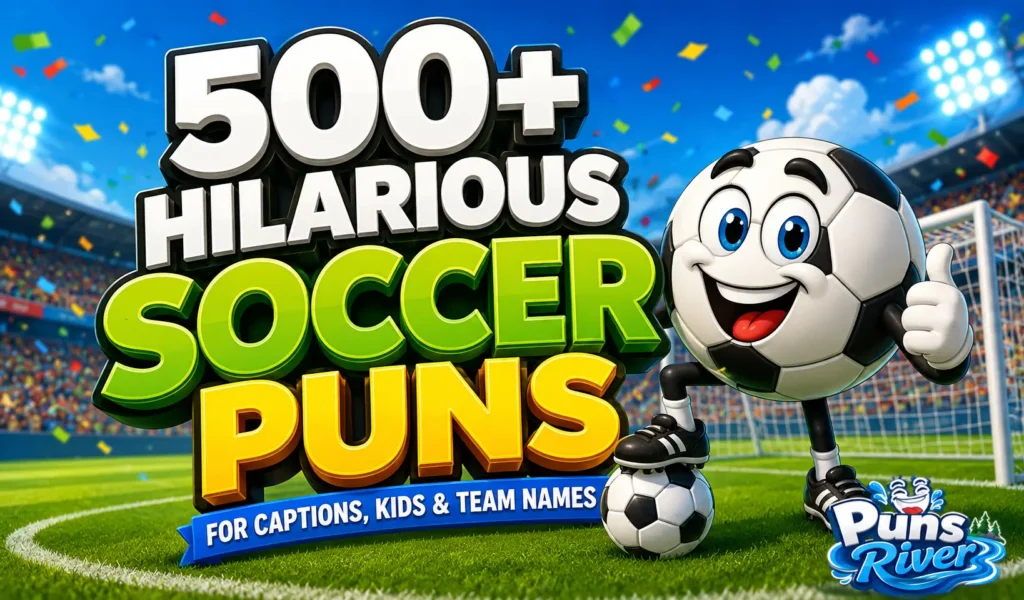 500+ soccer puns thumbnail with a cheerful cartoon soccer ball mascot and bold 3D text