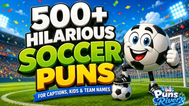 500+ soccer puns thumbnail with a cheerful cartoon soccer ball mascot and bold 3D text