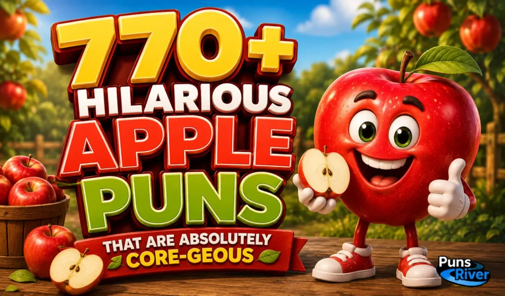 770+ apple puns thumbnail with a cheerful cartoon apple in a sunny orchard