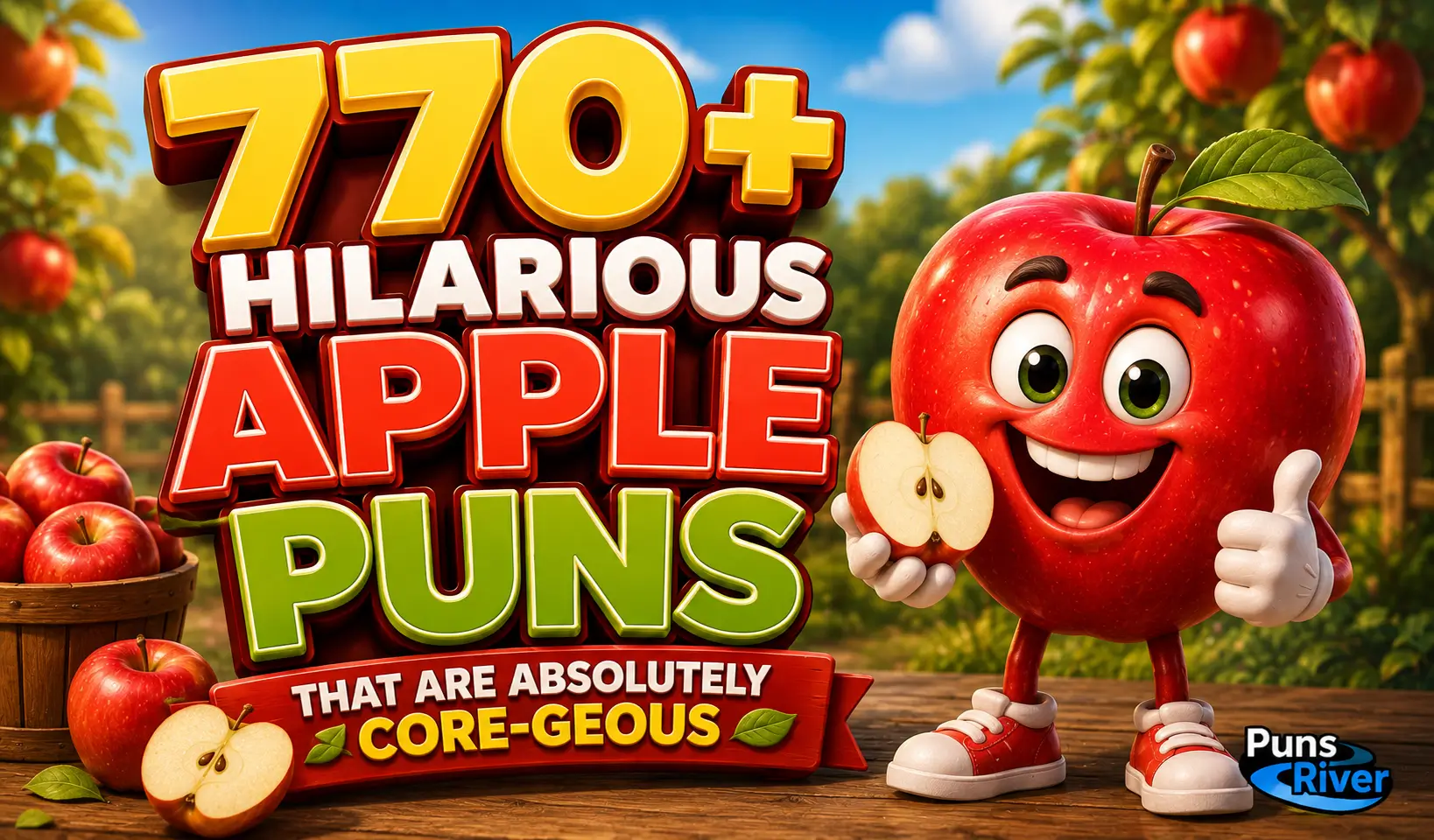770+ apple puns thumbnail with a cheerful cartoon apple in a sunny orchard