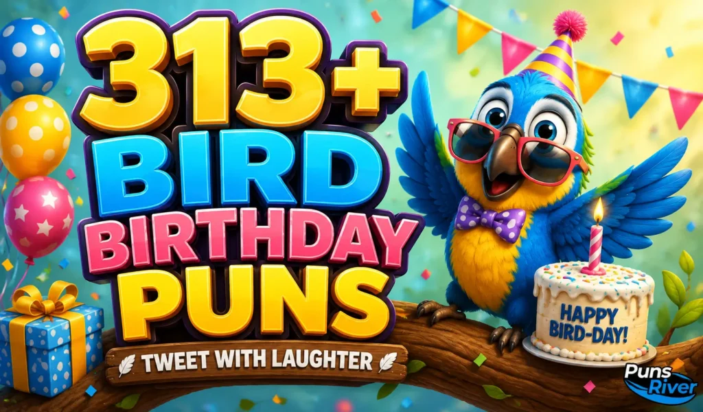 313+ bird birthday puns with a cheerful parrot, birthday cake, balloons, and colorful party scene