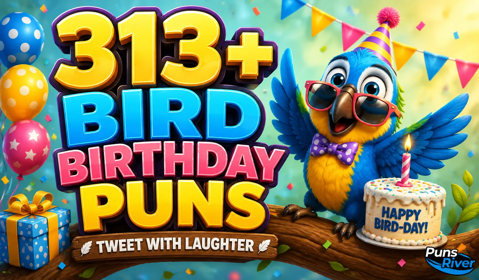 313+ bird birthday puns with a cheerful parrot, birthday cake, balloons, and colorful party scene