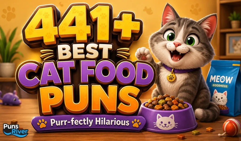 441+ cat food puns with a cheerful cat, food bowl, and colorful pet-themed background