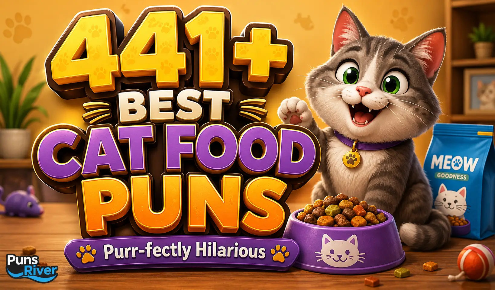 441+ cat food puns with a cheerful cat, food bowl, and colorful pet-themed background