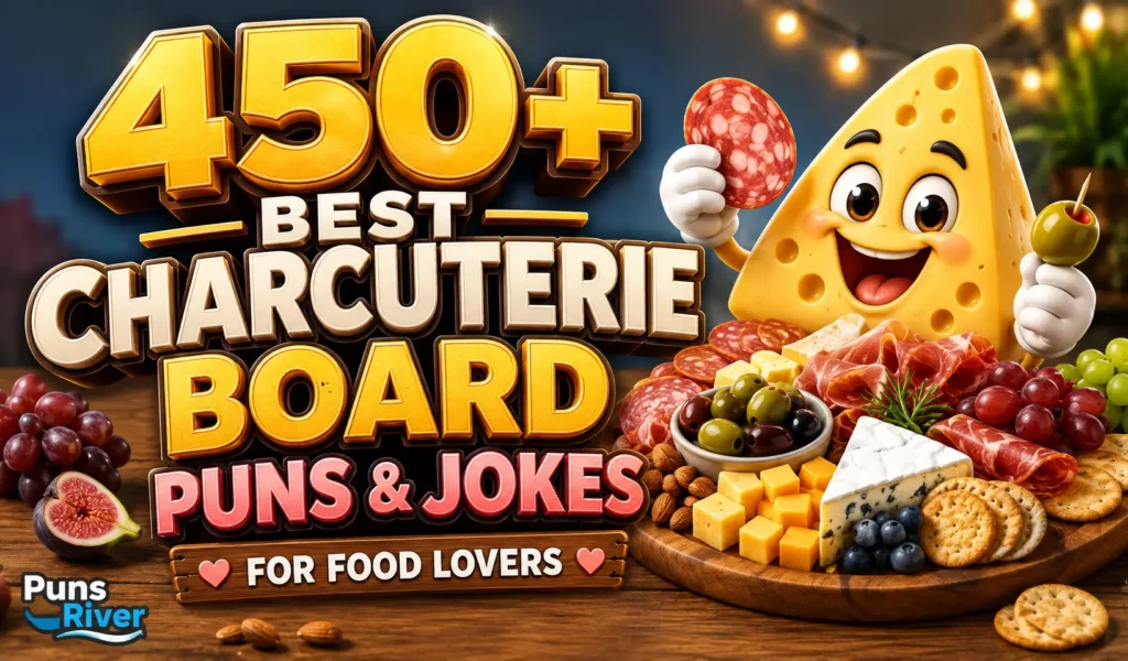 450+ charcuterie board puns with a cheerful cheese mascot and colorful food board