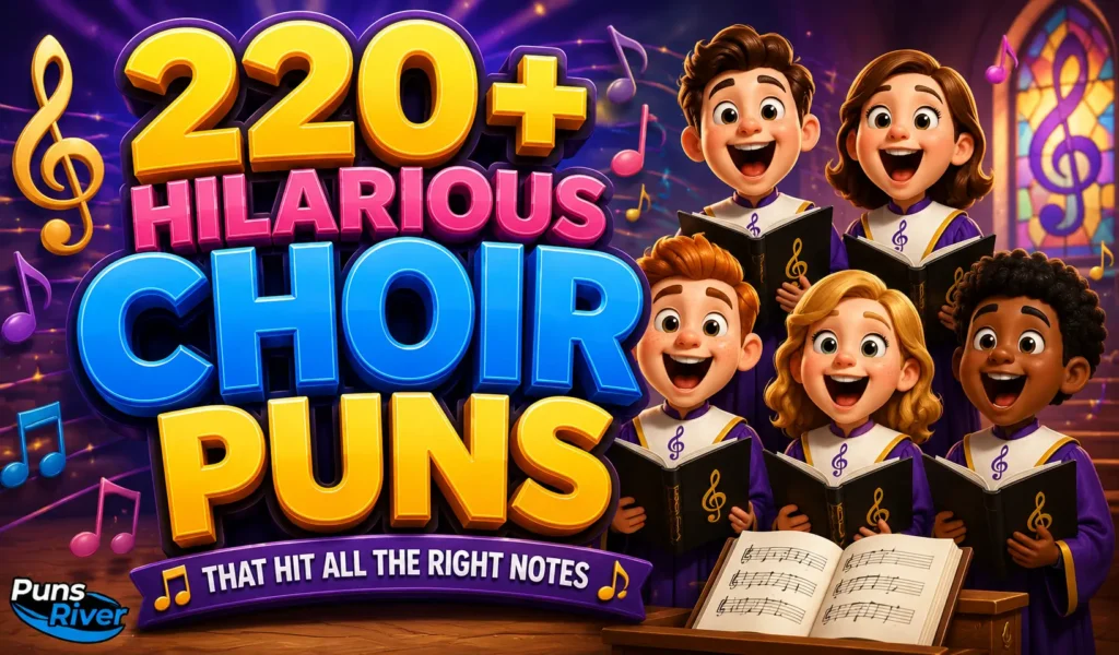 220+ choir puns thumbnail with a cheerful singer, musical notes, and colorful stage