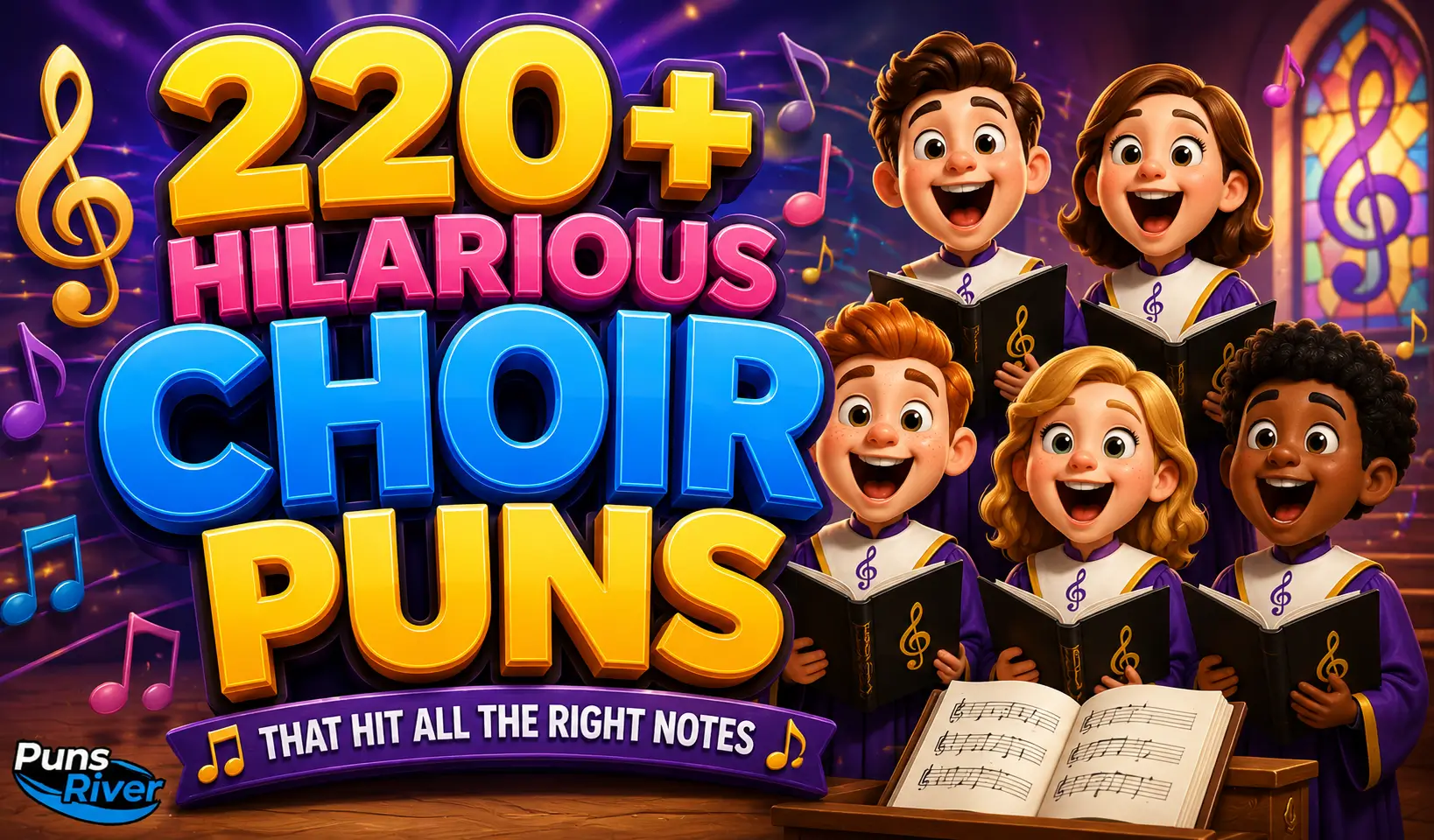 220+ choir puns thumbnail with a cheerful singer, musical notes, and colorful stage