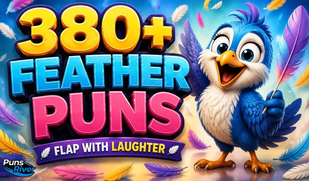380+ feather puns with a colorful cartoon bird and floating feathers