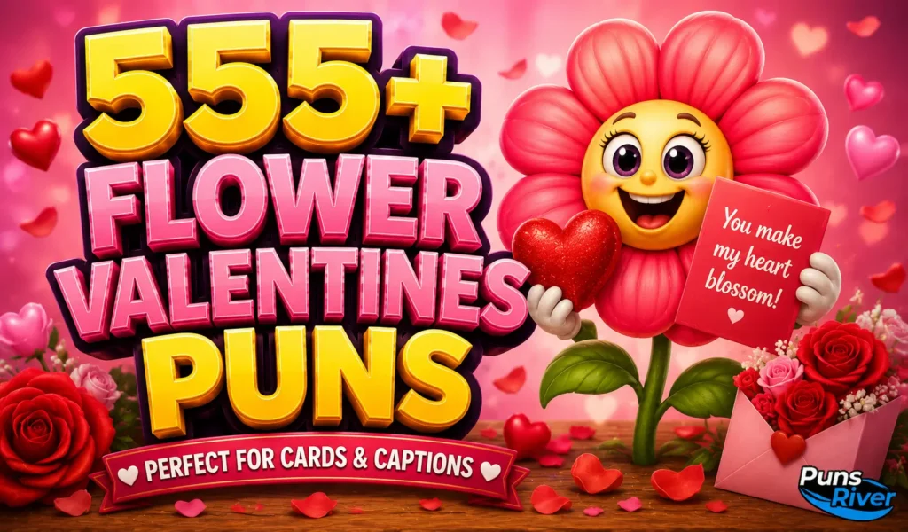 Flower valentines puns thumbnail with a colorful flower mascot and bold 3D typography