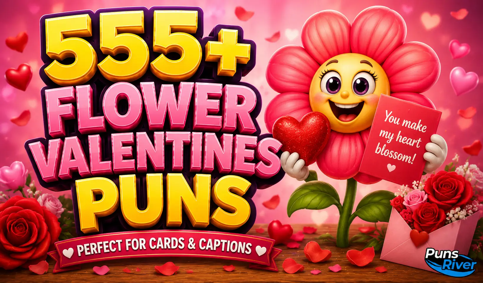 Flower valentines puns thumbnail with a colorful flower mascot and bold 3D typography