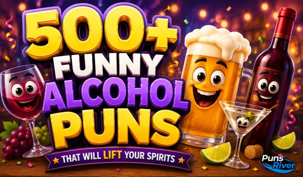Funny alcohol puns thumbnail with colorful drinks and bold 3D typography