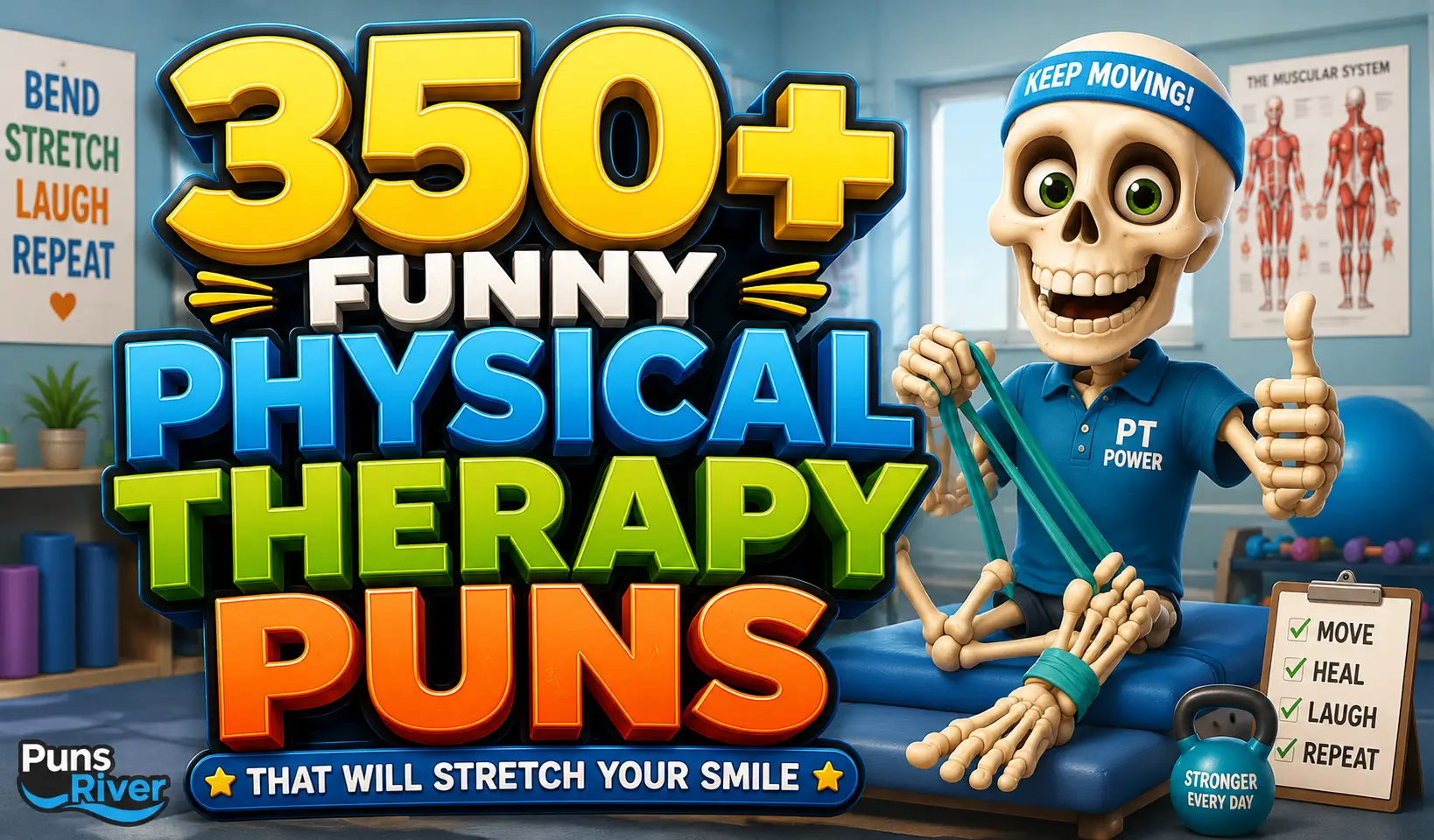 350+ funny physical therapy puns with a cheerful therapy skeleton mascot and exercise equipment
