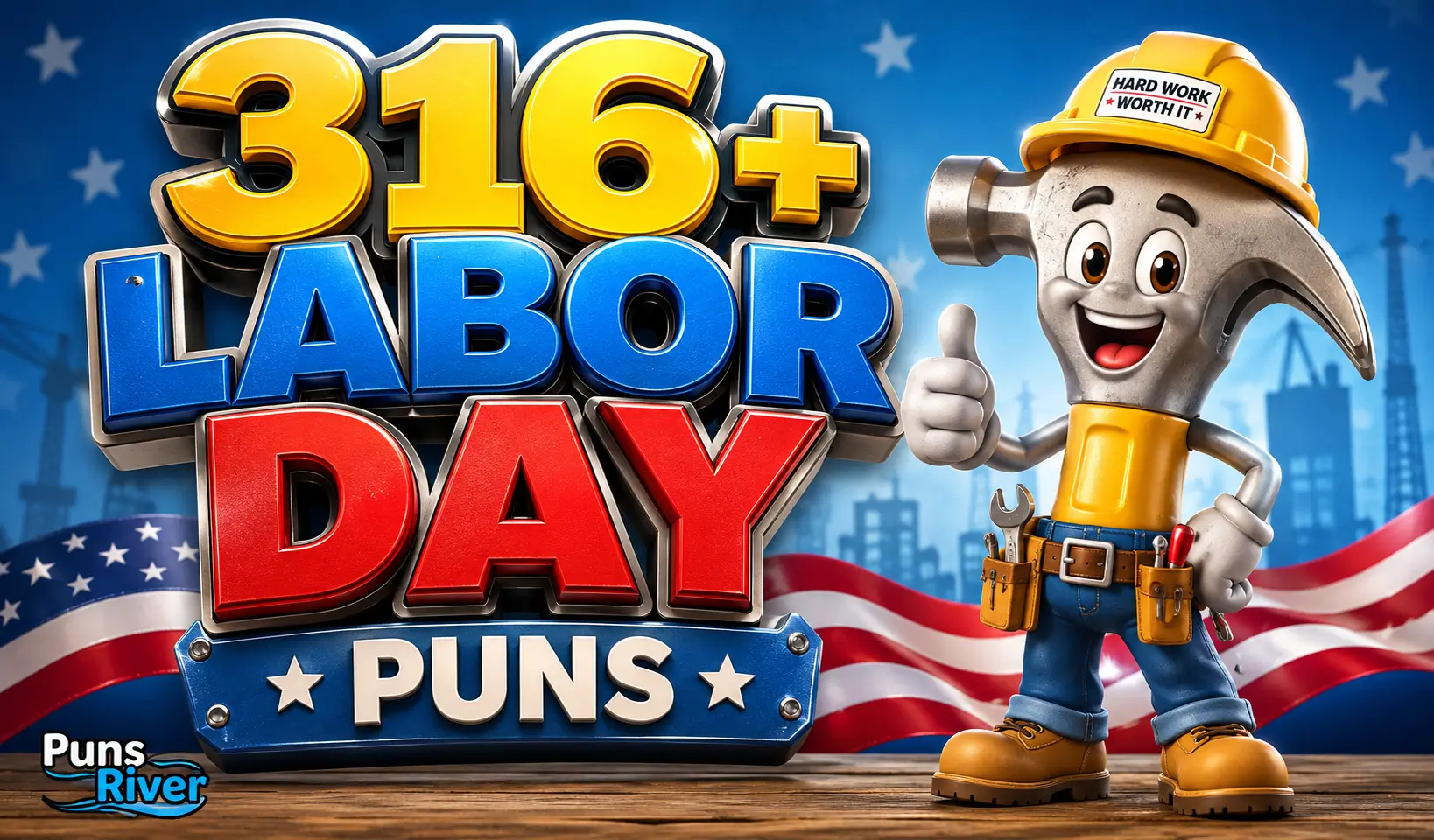 316+ labor day puns thumbnail with a cheerful hammer mascot and patriotic work theme