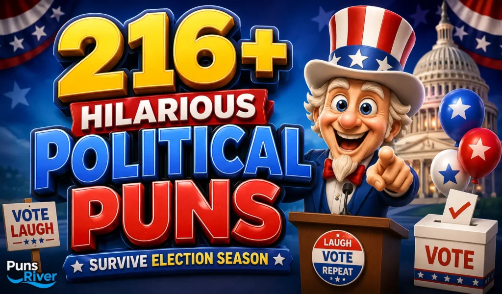 216+ political puns thumbnail with a cheerful politician mascot and election-themed voting scene
