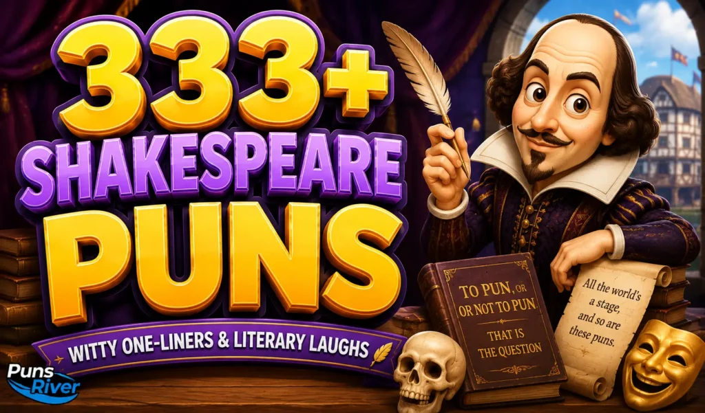 333+ Shakespeare puns thumbnail with a quill, books, and a theatrical literary scene