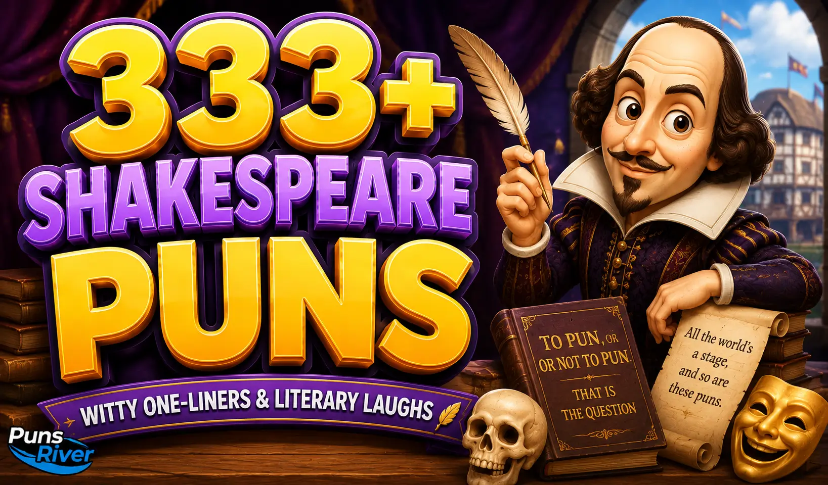 333+ Shakespeare puns thumbnail with a quill, books, and a theatrical literary scene