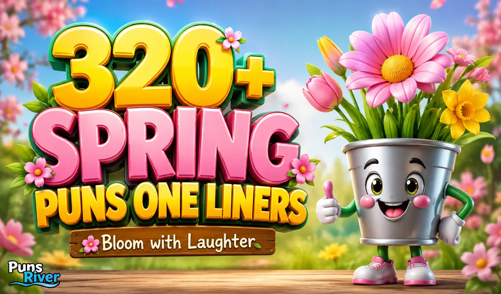 320+ spring puns one liners thumbnail with colorful flowers and a cheerful flower mascot