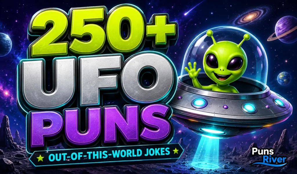 250+ UFO puns thumbnail with a cheerful alien in a flying saucer
