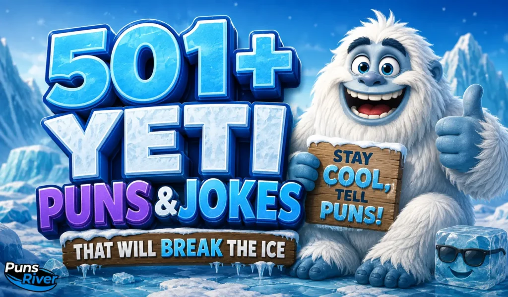 501+ yeti puns with a cheerful yeti mascot in a colorful icy mountain scene