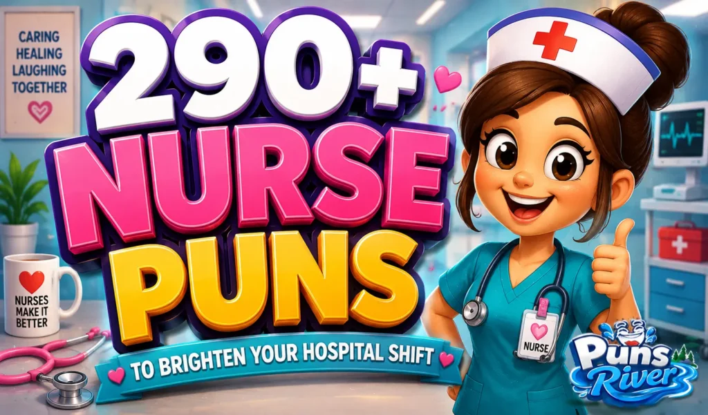 290+ nurse puns thumbnail with a cheerful cartoon nurse and bold 3D text