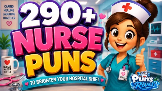 290+ nurse puns thumbnail with a cheerful cartoon nurse and bold 3D text