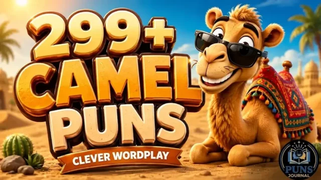 3D cartoon camel wearing sunglasses in a desert setting next to large text reading "299+ CAMEL PUNS - CLEVER WORDPLAY" with the Puns Journal logo in the bottom right corner.