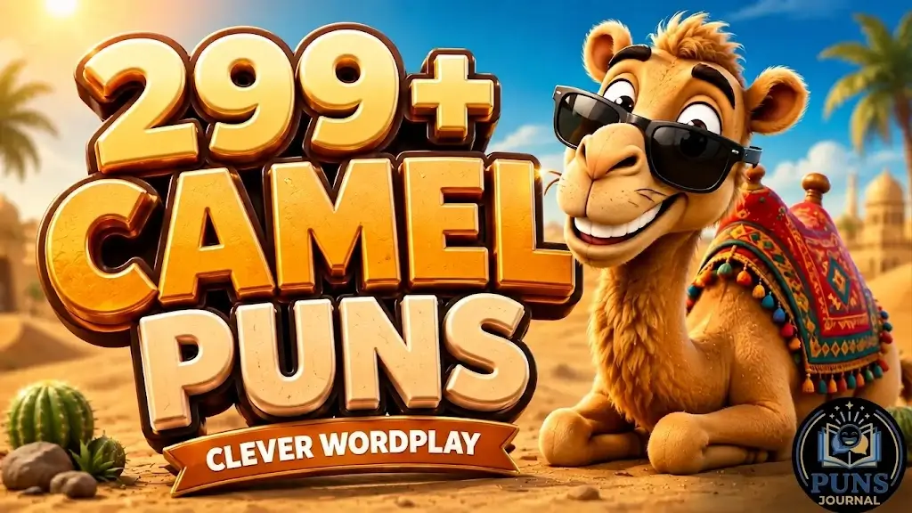 3D cartoon camel wearing sunglasses in a desert setting next to large text reading "299+ CAMEL PUNS - CLEVER WORDPLAY" with the Puns Journal logo in the bottom right corner.