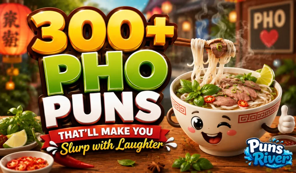 300+ pho puns thumbnail with a fun bowl of pho and colorful 3D text