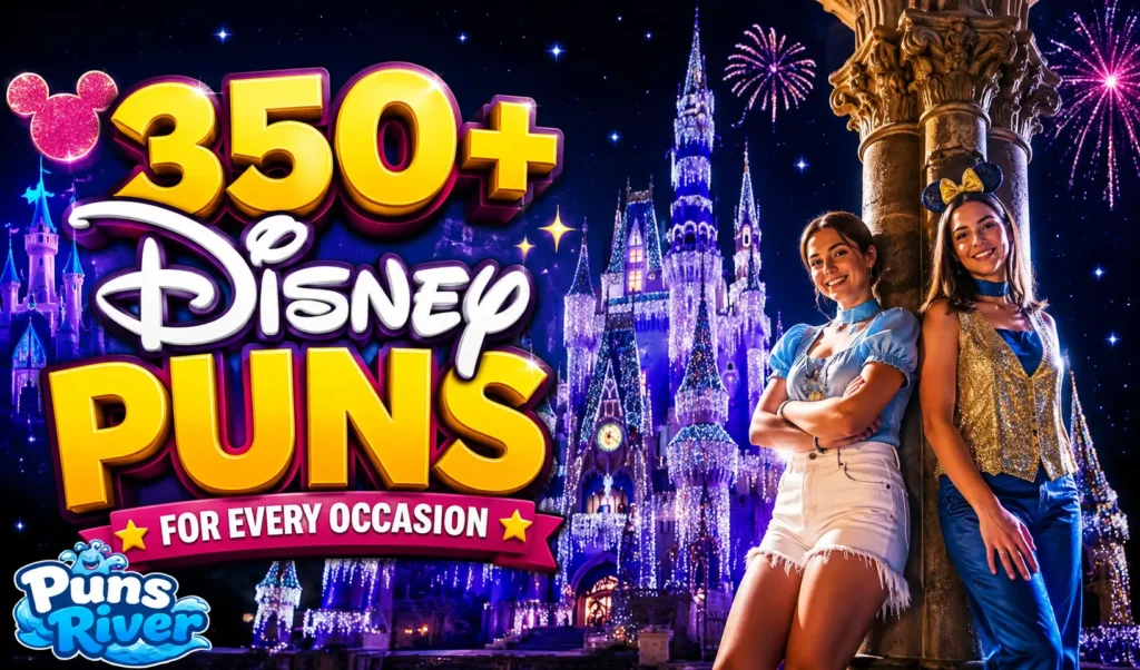350+ Disney puns thumbnail with a magical castle and colorful cartoon-style characters
