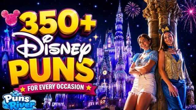 350+ Disney puns thumbnail with a magical castle and colorful cartoon-style characters