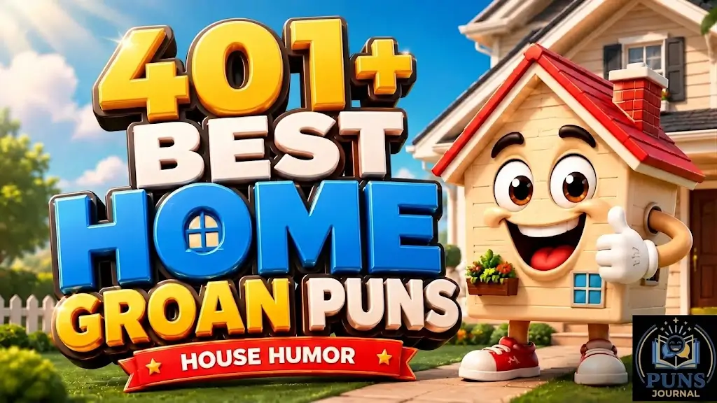3D cartoon house character with a smiling face, red roof, and red shoes giving a thumbs up next to large 3D text reading "401+ BEST HOME GROAN PUNS - HOUSE HUMOR" with the Puns Journal logo in the bottom right corner.